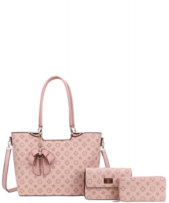 3in1 Designer Flower Tassel Handbag Wallet Set WY-8093S PINK